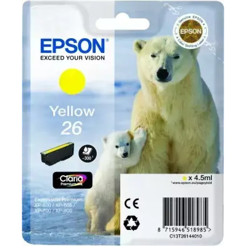 Wkład atramentowy Epson C13T26144010 Singlepack żółty 26 Claria Premium, tusz pigmentowy, 1 szt.