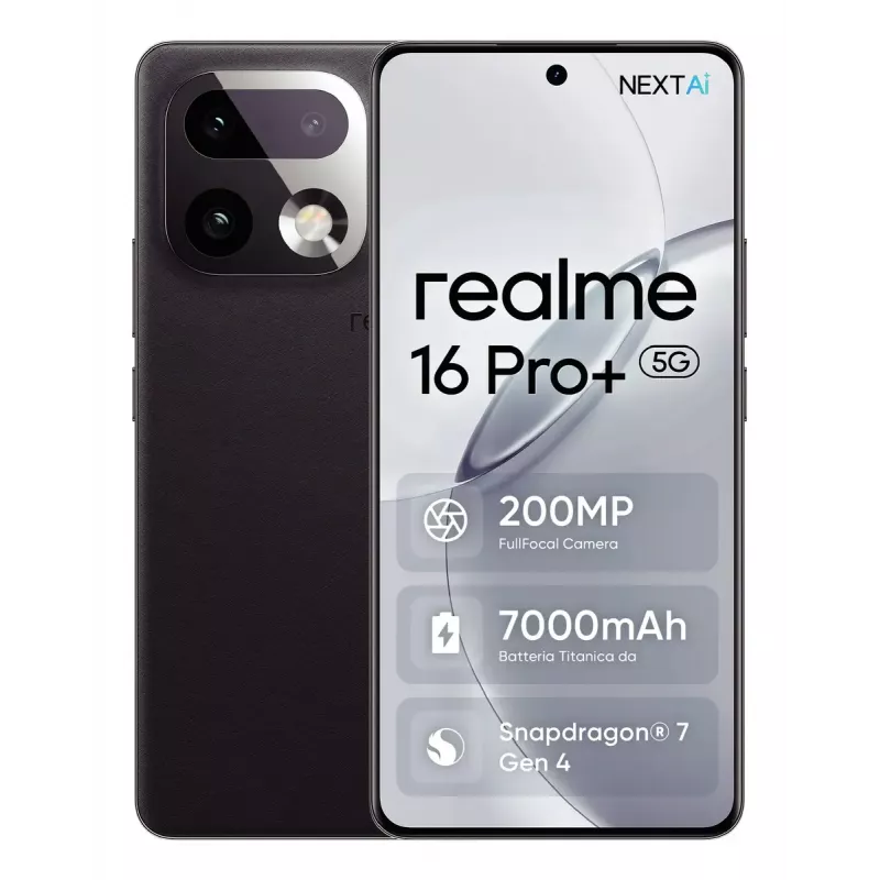 Smartfon REALME realme 16 Pro+ — 6,8 cala (17,3 cm) 1280×2800, Snapdragon 7 Gen 4, 12 GB RAM, 512 GB, potrójny aparat 200 MP, 7000 mAh, szary