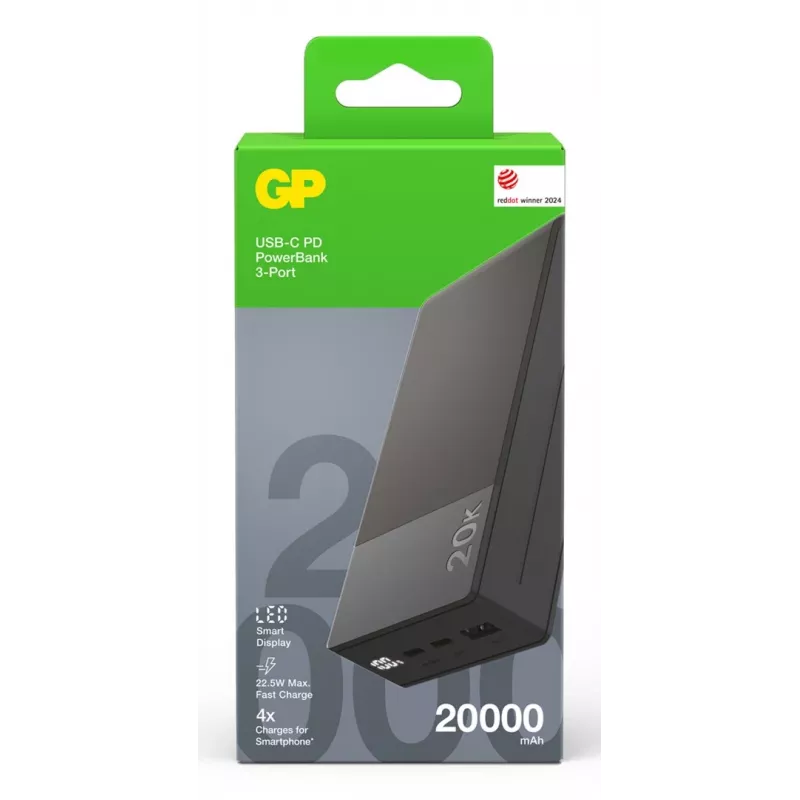 GP Battery GP PowerBank M2+ 20C 20000mAh 2xUSB-C/1xUSB-A czarny LED-Anz. (GPPBM20CGYMSR287)