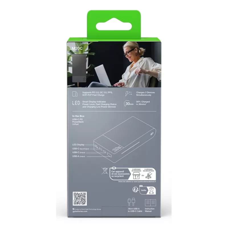GP Battery GP PowerBank M2+ 20C 20000mAh 2xUSB-C/1xUSB-A czarny LED-Anz. (GPPBM20CGYMSR287)