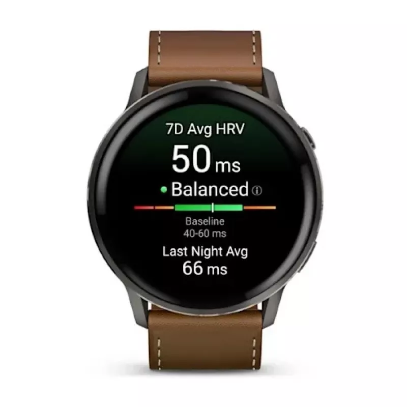 Smartwatch GARMIN Venu 4 45 mm (1.4 cala) AMOLED 454×454 px, Wi‑Fi, GPS, 8 GB, Czarna koperta, Brązowy skórzany pasek