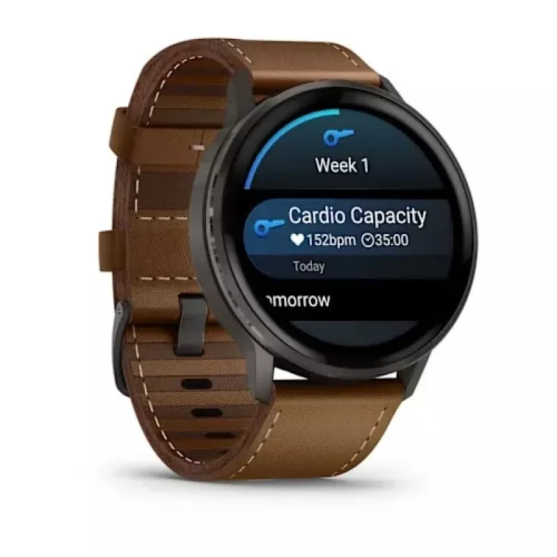 Smartwatch GARMIN Venu 4 45 mm (1.4 cala) AMOLED 454×454 px, Wi‑Fi, GPS, 8 GB, Czarna koperta, Brązowy skórzany pasek