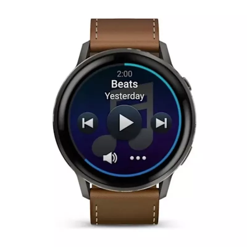 Smartwatch GARMIN Venu 4 45 mm (1.4 cala) AMOLED 454×454 px, Wi‑Fi, GPS, 8 GB, Czarna koperta, Brązowy skórzany pasek