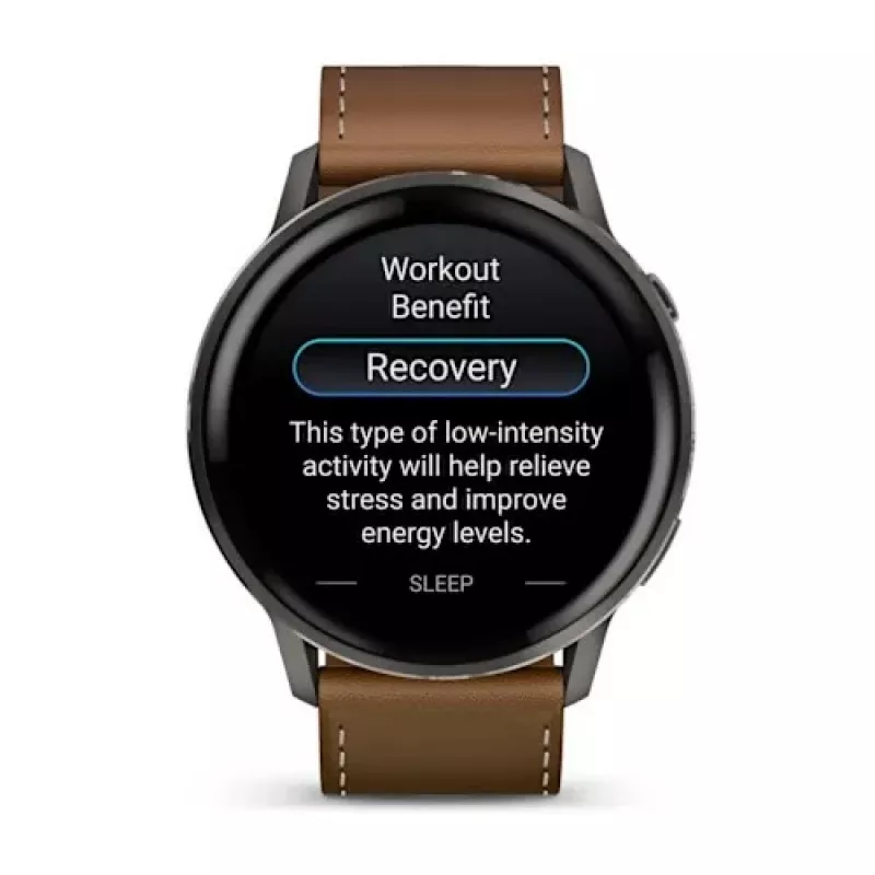 Smartwatch GARMIN Venu 4 45 mm (1.4 cala) AMOLED 454×454 px, Wi‑Fi, GPS, 8 GB, Czarna koperta, Brązowy skórzany pasek