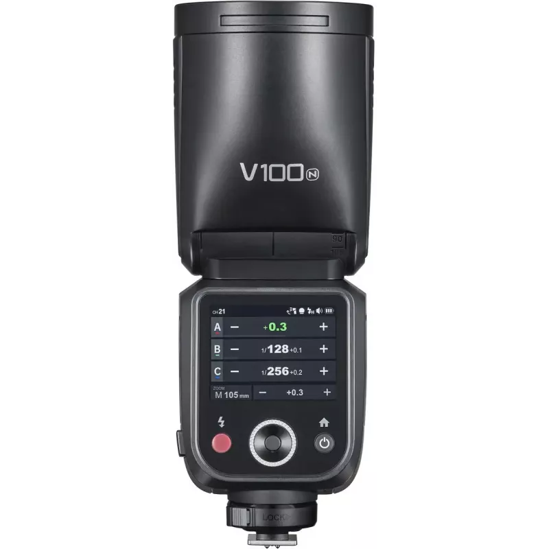 Lampa błyskowa Godox V100‑N do Nikona — przenośna lampa reporterska TTL z akumulatorem litowo-jonowym