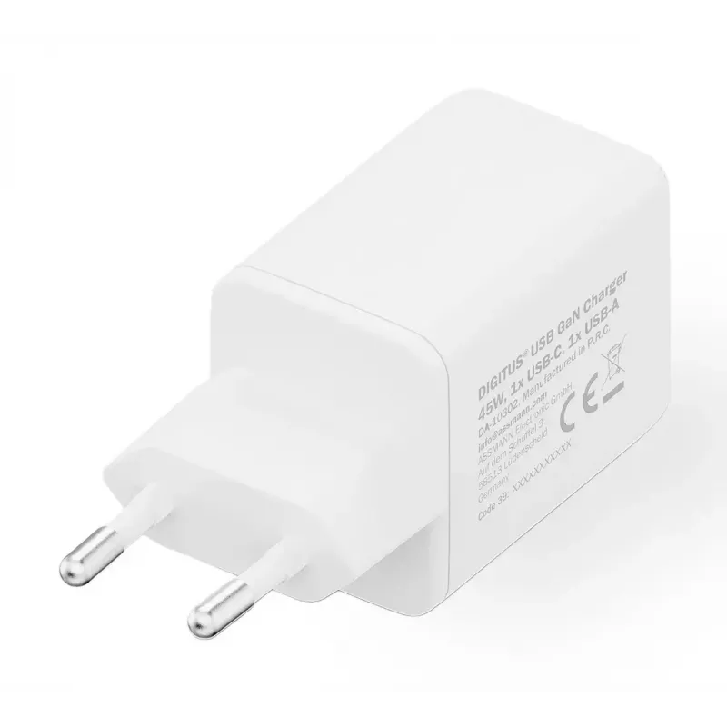 Ładowarka ścienna DIGITUS USB GaN 45W — 1× USB-C, 1× USB-A, Wejście 100–240V, Biała
