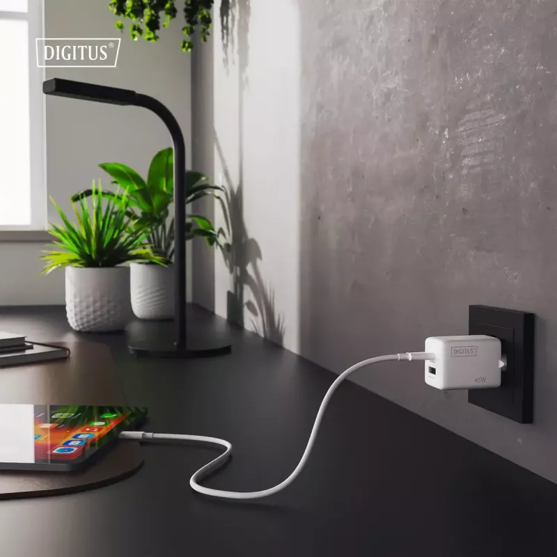Ładowarka ścienna DIGITUS USB GaN 45W — 1× USB-C, 1× USB-A, Wejście 100–240V, Biała