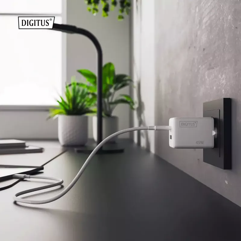 Ładowarka ścienna DIGITUS USB GaN 45W — 1× USB-C, 1× USB-A, Wejście 100–240V, Biała