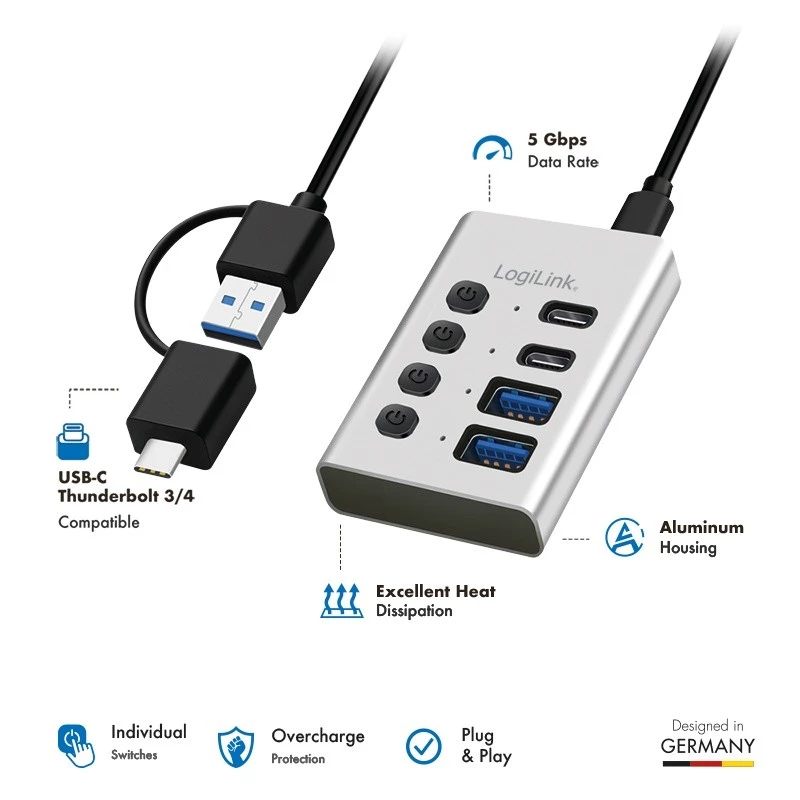 Hub USB 3.2 Gen1, 4 porty, USB-A/C, przełącznik on/off