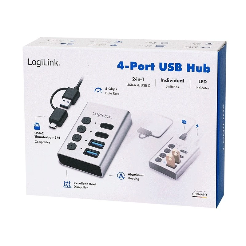 Hub USB 3.2 Gen1, 4 porty, USB-A/C, przełącznik on/off