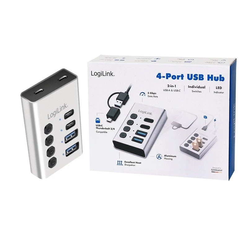 Hub USB 3.2 Gen1, 4 porty, USB-A/C, przełącznik on/off