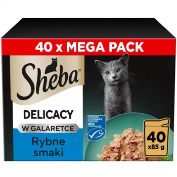 Mokra karma dla kota Sheba Delicacy smaki rybne w galaretce, 40×85 g puszek, dorosłe, 11% białka, 78% wilgotności