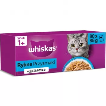 Saszetki z mokrą karmą dla kota Whiskas Rybne przysmaki w galaretce 80 x 85 g — ryba w galaretce
