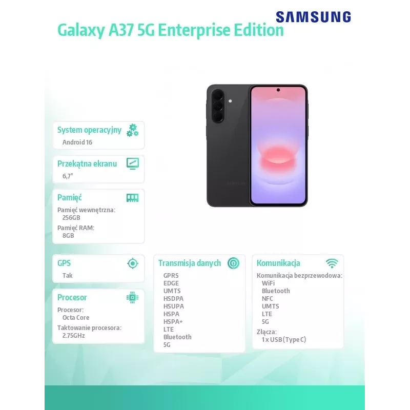 Smartfon Galaxy A37 5G 8/256GB Enterprise Edition czarny