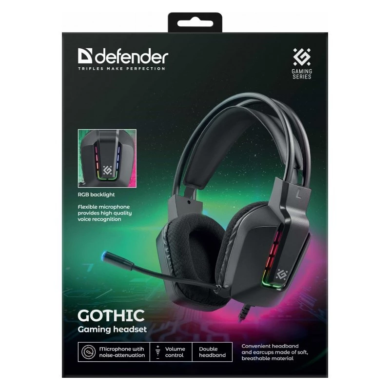 Przewodowy headset USB gamingowy DEFENDER GOTHIC RGB z mikrofonem, czarny