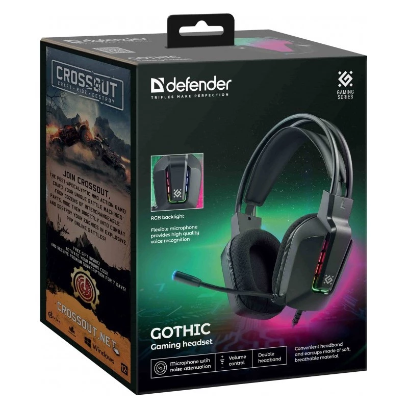 Przewodowy headset USB gamingowy DEFENDER GOTHIC RGB z mikrofonem, czarny
