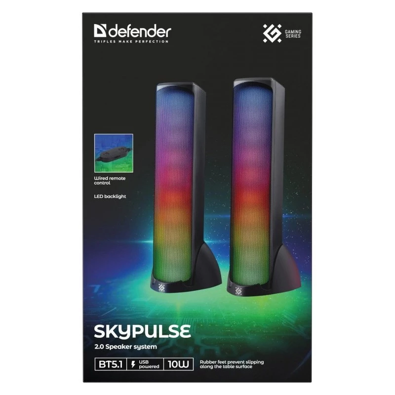 Głośniki komputerowe DEFENDER SKYPULSE 2.0, Bluetooth, USB, 10W, podświetlenie RGB