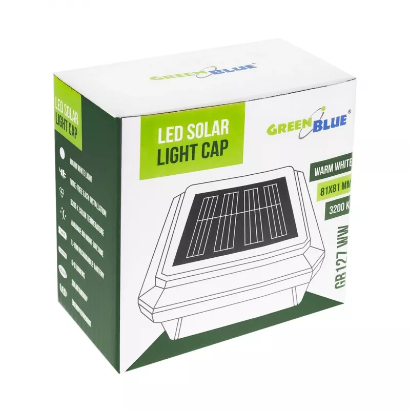 Solar LED Post Light GreenBlue GB127 WW — 3200K Neutral biały, obudowa kopertowa 80×80 mm, akumulator NiMH