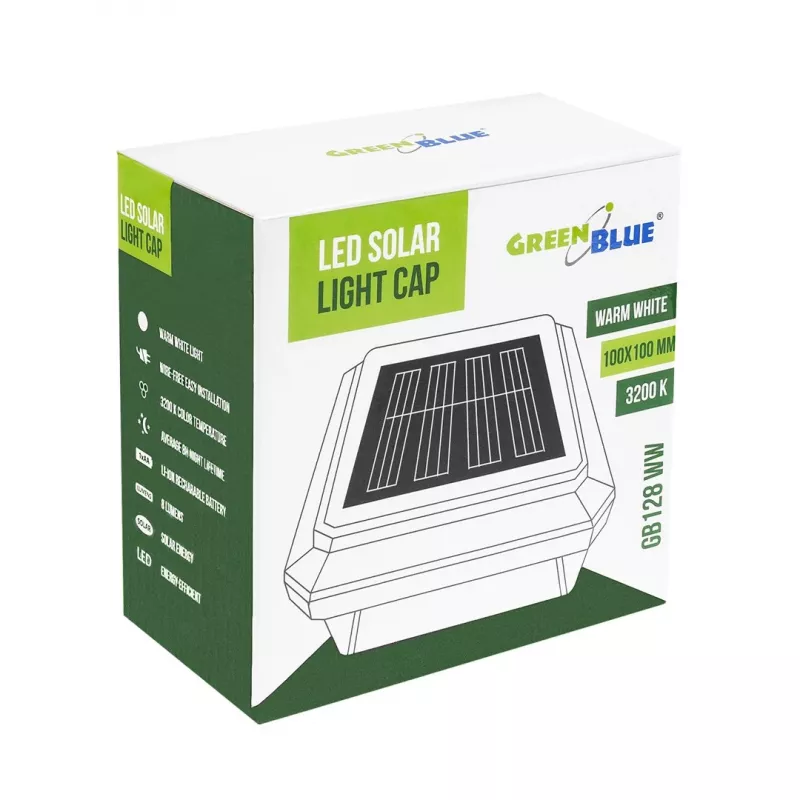 Słupkowa lampa solarna LED GreenBlue GB128 WW, 3200K neutralna biel, klosz kopertowy, 100x100mm, czarna