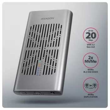 Zewnętrzna obudowa AXAGON EEM2-20GD USB-C 20 Gb/s na dwa dyski M.2 NVMe z sprzętowym klonowaniem