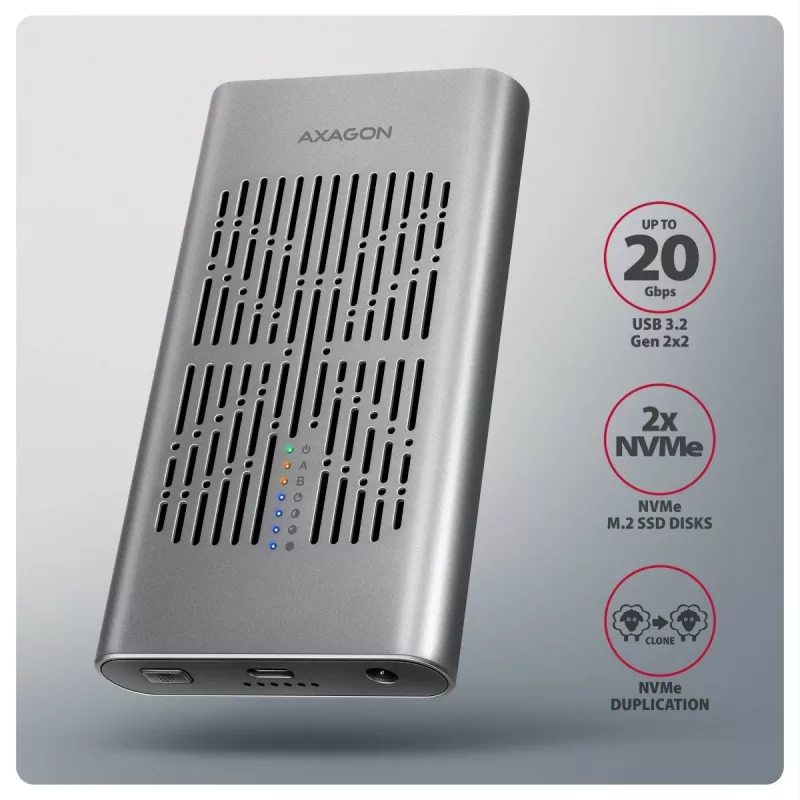 Zewnętrzna obudowa AXAGON EEM2-20GD USB-C 20 Gb/s na dwa dyski M.2 NVMe z sprzętowym klonowaniem