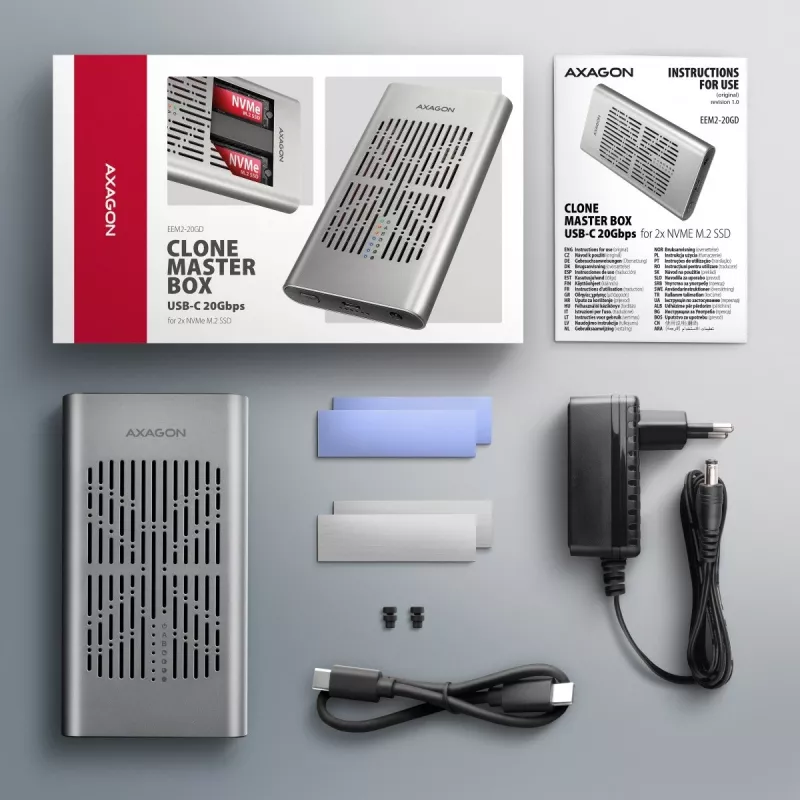 Zewnętrzna obudowa AXAGON EEM2-20GD USB-C 20 Gb/s na dwa dyski M.2 NVMe z sprzętowym klonowaniem