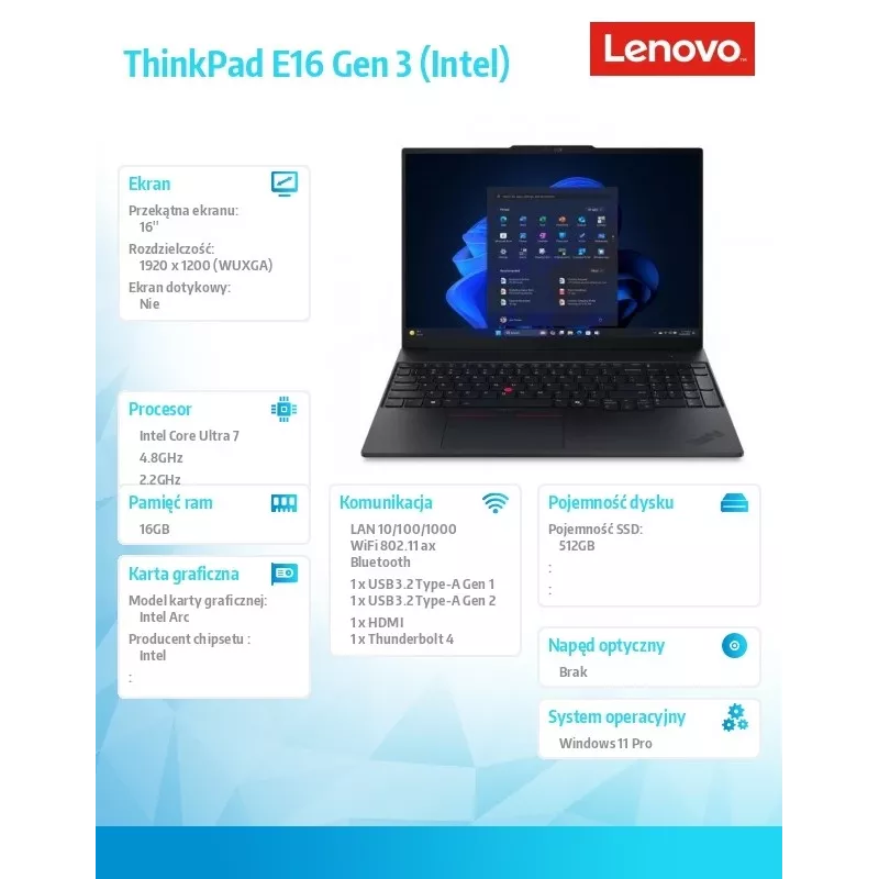 Laptop Lenovo ThinkPad E16 Gen 3, Intel Core Ultra 7 256V, 16 GB RAM, 512 GB SSD, 16 cali WUXGA, Windows 11 Pro, Czarny