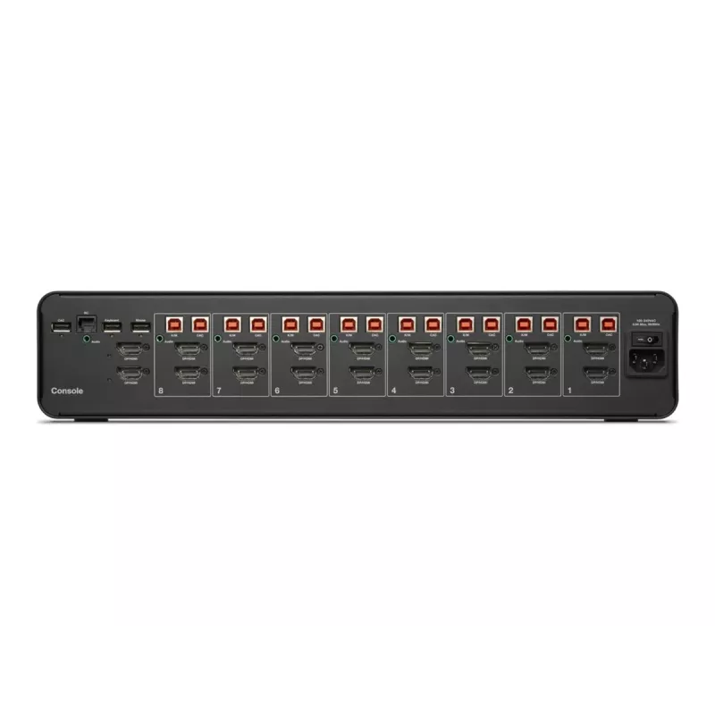 Przełącznik KVM Belkin F1DN208KVM-UN-4 — 8-portowy z podwójnym wyjściem wideo HDMI/DisplayPort, klawiatura i mysz USB, 4K@60Hz, do montażu w szafie, czarny