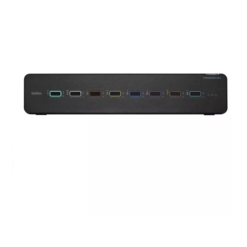 Przełącznik KVM Belkin F1DN208KVM-UN-4 — 8-portowy z podwójnym wyjściem wideo HDMI/DisplayPort, klawiatura i mysz USB, 4K@60Hz, do montażu w szafie, czarny