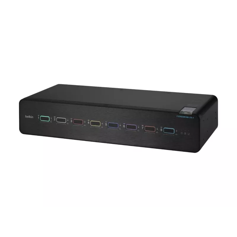 Przełącznik KVM Belkin F1DN208KVM-UN-4 — 8-portowy z podwójnym wyjściem wideo HDMI/DisplayPort, klawiatura i mysz USB, 4K@60Hz, do montażu w szafie, czarny