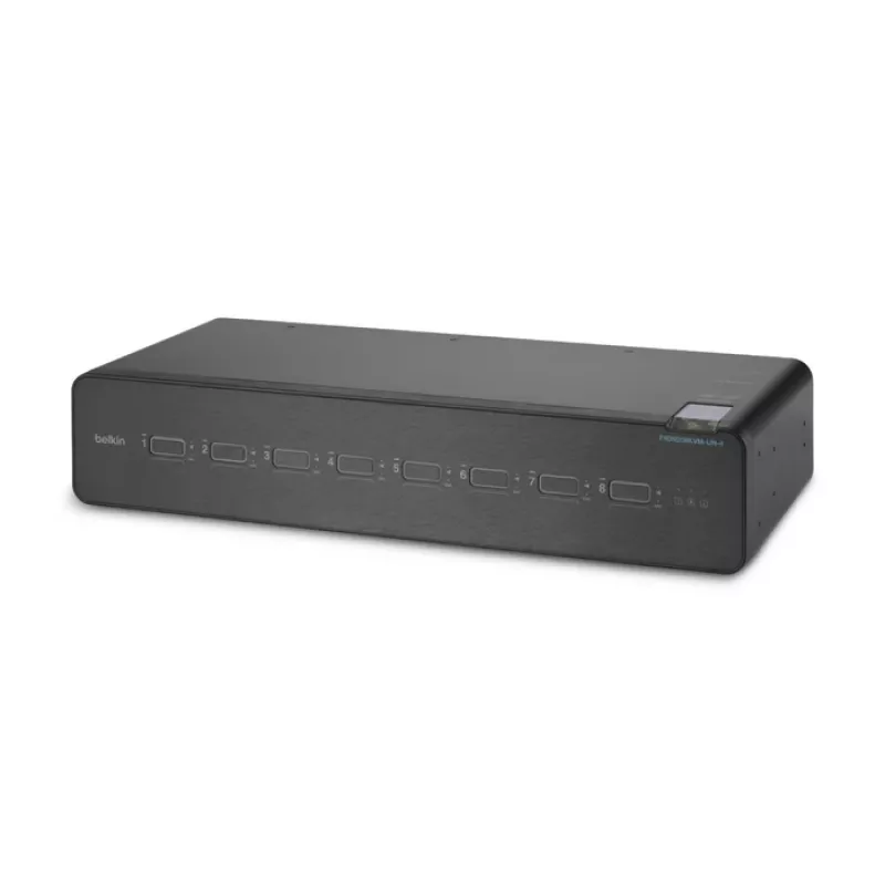 Przełącznik KVM Belkin F1DN208KVM-UN-4 — 8-portowy z podwójnym wyjściem wideo HDMI/DisplayPort, klawiatura i mysz USB, 4K@60Hz, do montażu w szafie, czarny