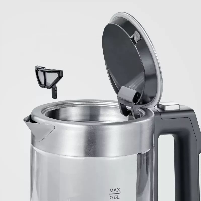 Czajnik elektryczny SEVERIN WK3458, 0,5 L, 1100 W, szkło i stal nierdzewna, 5 ustawień temperatury, bezprzewodowy