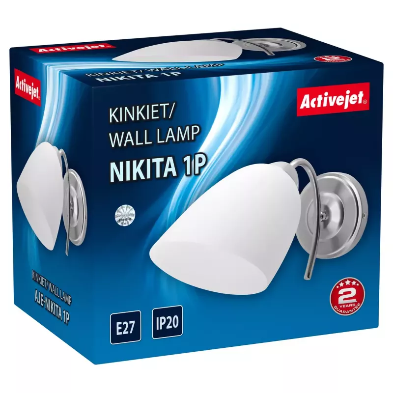 Kinkiet ActiveJet NIKITA nikiel E27 jednopunktowy, okrągły metalowy klosz, IP20, 220–240 V, maks. 60 W