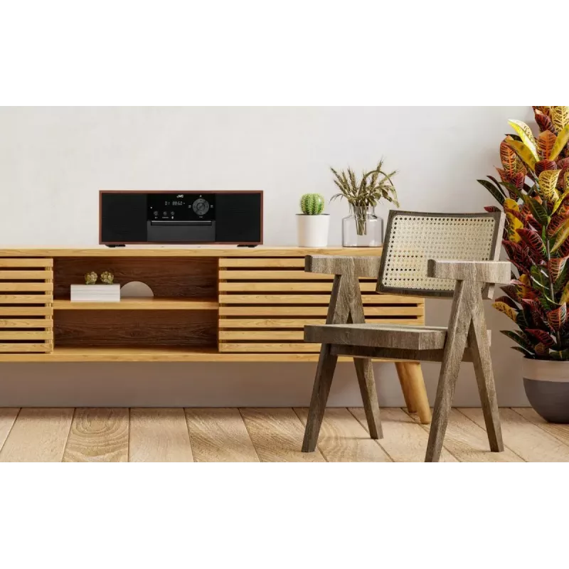 Mini wieża muzyczna JVC RD-E761, 2×8 W RMS, Bluetooth 4.2, USB, CD, FM, drewniana obudowa, czarna