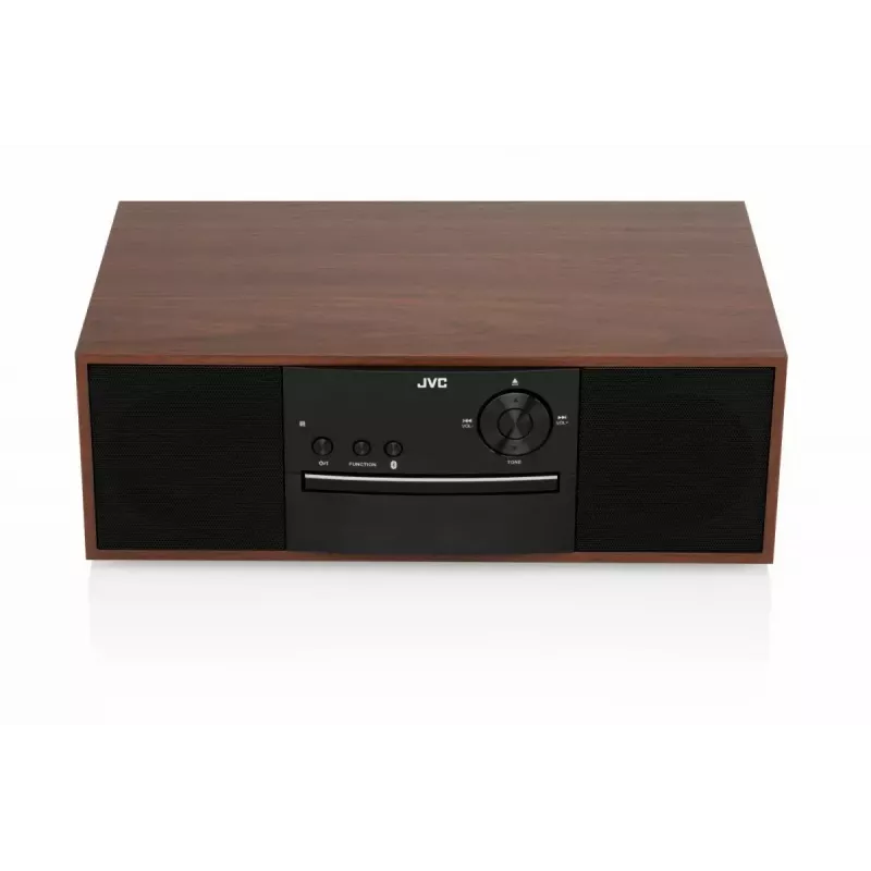 Mini wieża muzyczna JVC RD-E761, 2×8 W RMS, Bluetooth 4.2, USB, CD, FM, drewniana obudowa, czarna