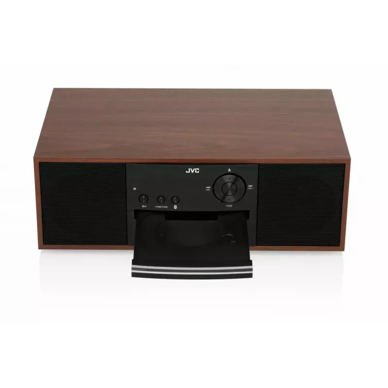Mini wieża muzyczna JVC RD-E761, 2×8 W RMS, Bluetooth 4.2, USB, CD, FM, drewniana obudowa, czarna
