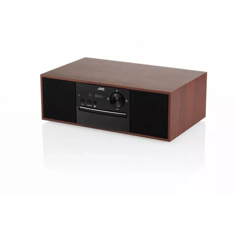 Mini wieża muzyczna JVC RD-E761, 2×8 W RMS, Bluetooth 4.2, USB, CD, FM, drewniana obudowa, czarna