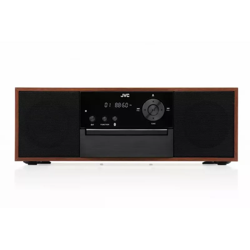 Mini wieża muzyczna JVC RD-E761, 2×8 W RMS, Bluetooth 4.2, USB, CD, FM, drewniana obudowa, czarna