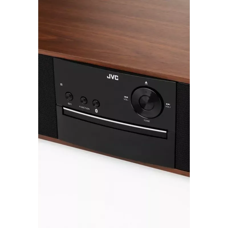 Mini wieża muzyczna JVC RD-E761, 2×8 W RMS, Bluetooth 4.2, USB, CD, FM, drewniana obudowa, czarna