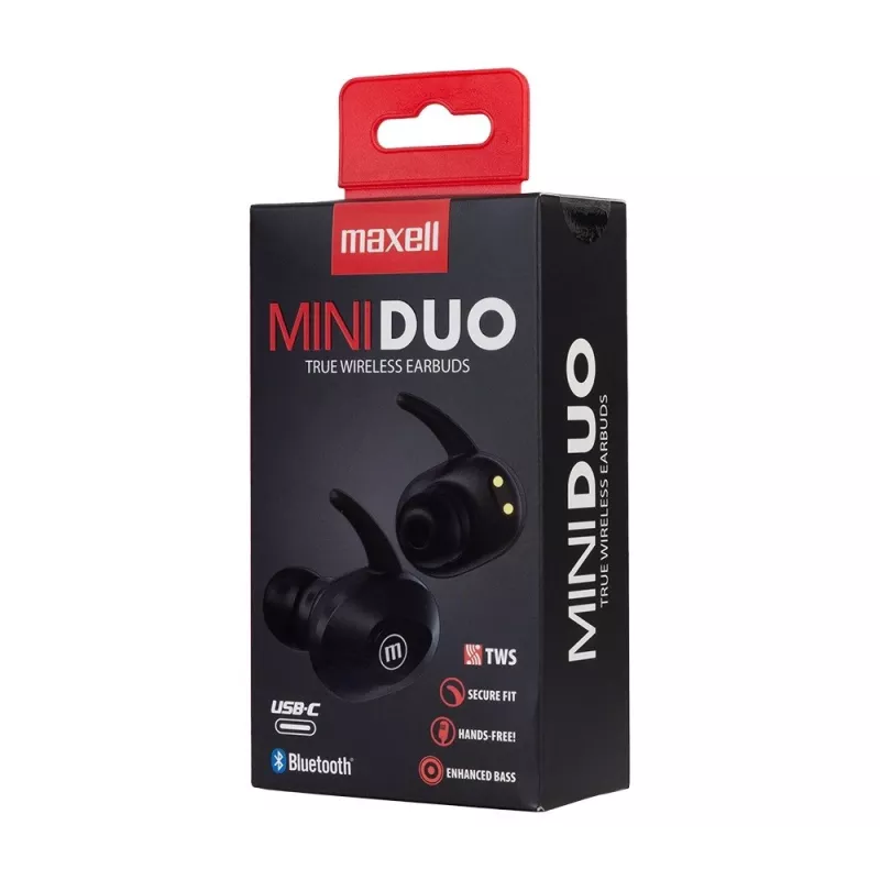 MAXELL MINI DUO Bezprzewodowe słuchawki douszne z etui ładującym Czarny