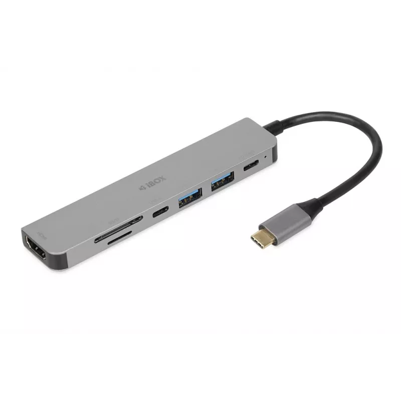 Stacja dokująca IBOX IUH3SL4K USB Type-C 5 Gbit/s, HDMI 4K@30Hz, PD do 100W, 2x USB-A, 2x USB-C, czytnik kart, srebrna