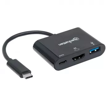 Manhattan USB-C Dock/Hub, Porty (x3): HDMI, USB-A i USB-C, 5 Gb/s (USB 3.2 Gen1 aka USB 3.0), z Power Delivery (60W) do portu USB-C (Uwaga: wymagany dodatkowy zasilacz ścienny USB-C i kabel USB-