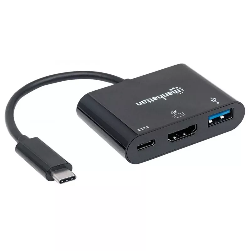 Manhattan USB-C Dock/Hub, Porty (x3): HDMI, USB-A i USB-C, 5 Gb/s (USB 3.2 Gen1 aka USB 3.0), z Power Delivery (60W) do portu USB-C (Uwaga: wymagany dodatkowy zasilacz ścienny USB-C i kabel USB-