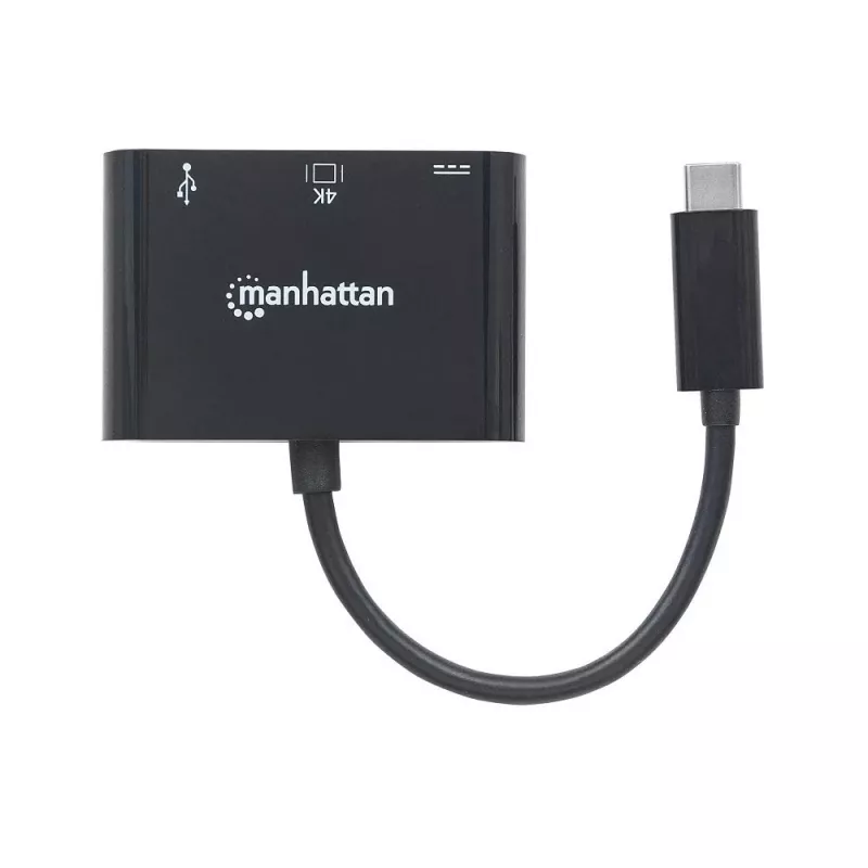 Manhattan USB-C Dock/Hub, Porty (x3): HDMI, USB-A i USB-C, 5 Gb/s (USB 3.2 Gen1 aka USB 3.0), z Power Delivery (60W) do portu USB-C (Uwaga: wymagany dodatkowy zasilacz ścienny USB-C i kabel USB-