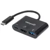 Manhattan USB-C Dock/Hub, Porty (x3): HDMI, USB-A i USB-C, 5 Gb/s (USB 3.2 Gen1 aka USB 3.0), z Power Delivery (60W) do portu USB-C (Uwaga: wymagany dodatkowy zasilacz ścienny USB-C i kabel USB-
