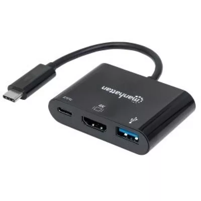 Manhattan USB-C Dock/Hub, Porty (x3): HDMI, USB-A i USB-C, 5 Gb/s (USB 3.2 Gen1 aka USB 3.0), z Power Delivery (60W) do portu USB-C (Uwaga: wymagany dodatkowy zasilacz ścienny USB-C i kabel USB-