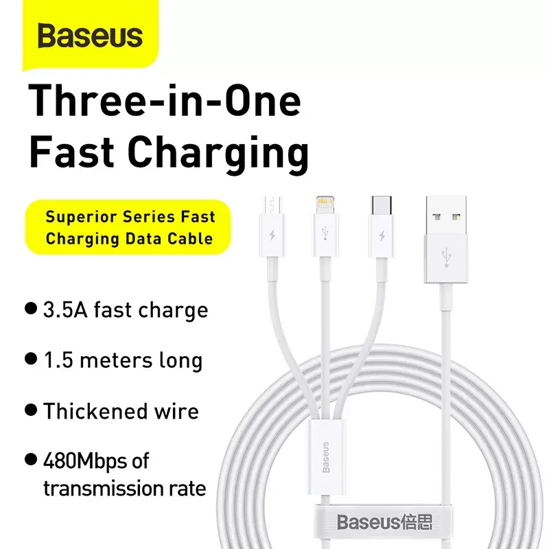 Kabel USB Baseus Superior USB 2.0 1,5 m USB A USB C/Micro USB A/Lightning Biały