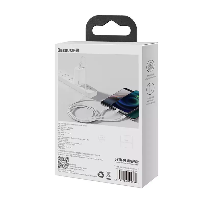 Kabel USB Baseus Superior USB 2.0 1,5 m USB A USB C/Micro USB A/Lightning Biały