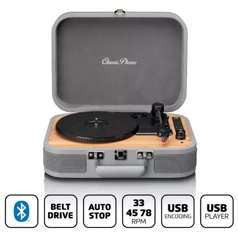 Walizkowy gramofon Lenco TT-116GR przenośny odtwarzacz winylowy z Bluetooth 5.0, USB, AUX, wbudowanymi głośnikami, 4W, obsługuje płyty 7/10/12 cali