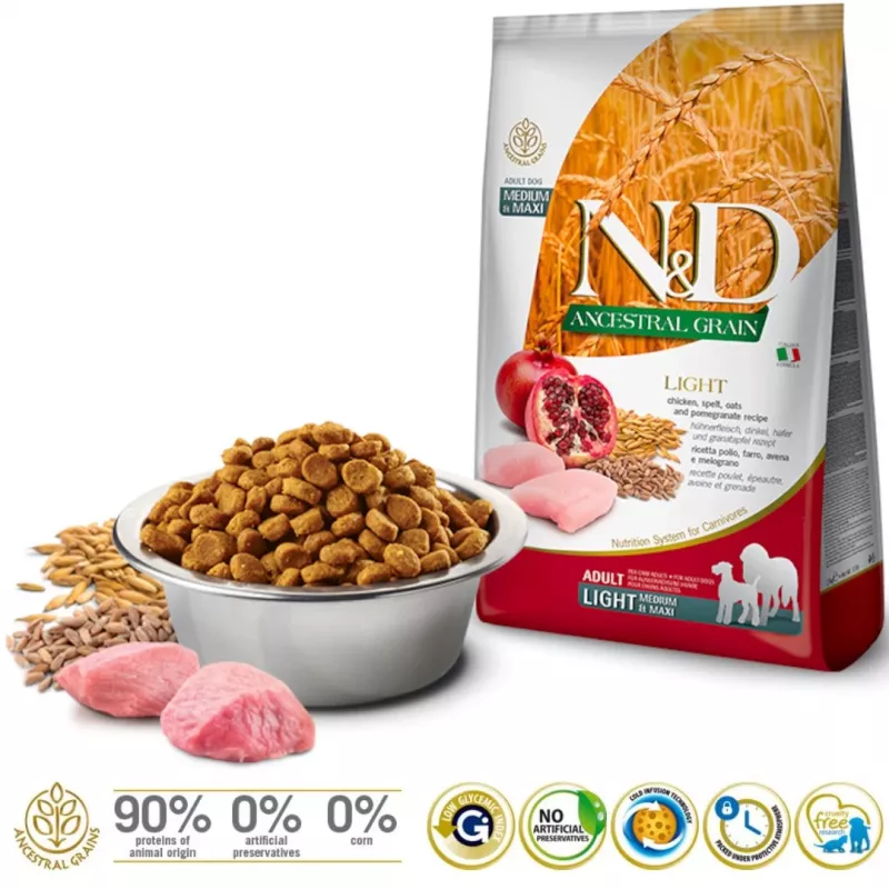 FARMINA N&D ANCESTRAL GRAIN DOG LIGHT - KURCZAK. ORKISZ. OWIES I GRANAT DLA DOROSŁYCH PSÓW RAS ŚREDNICH I DUŻYCH 12kg